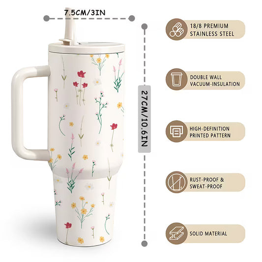 1200ml High-Capacity Tumbler with Handle & Straw | Floral