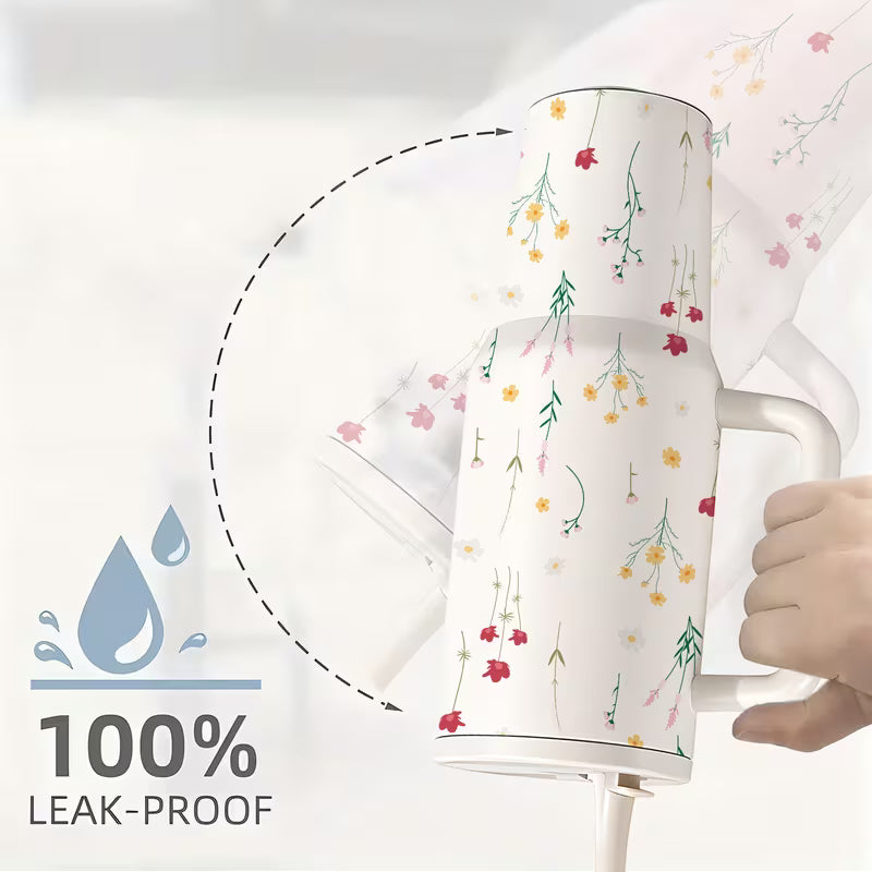 1200ml High-Capacity Tumbler with Handle & Straw | Floral