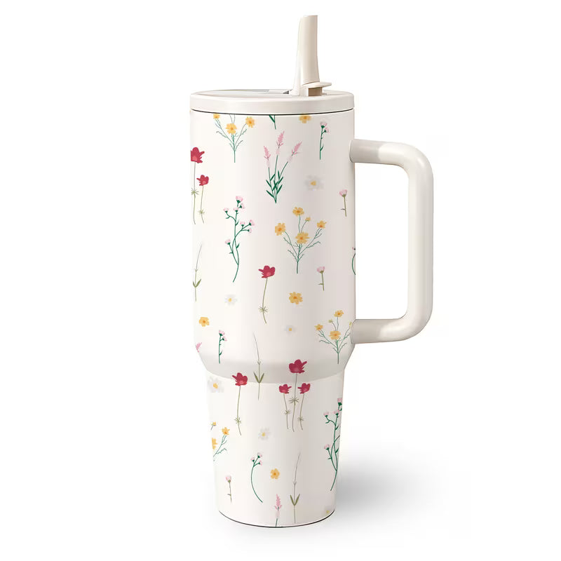 1200ml High-Capacity Tumbler with Handle & Straw | Floral