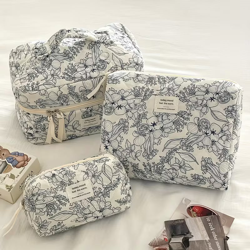 3-Piece Floral Cosmetic Bag Set | Botanical Line Art