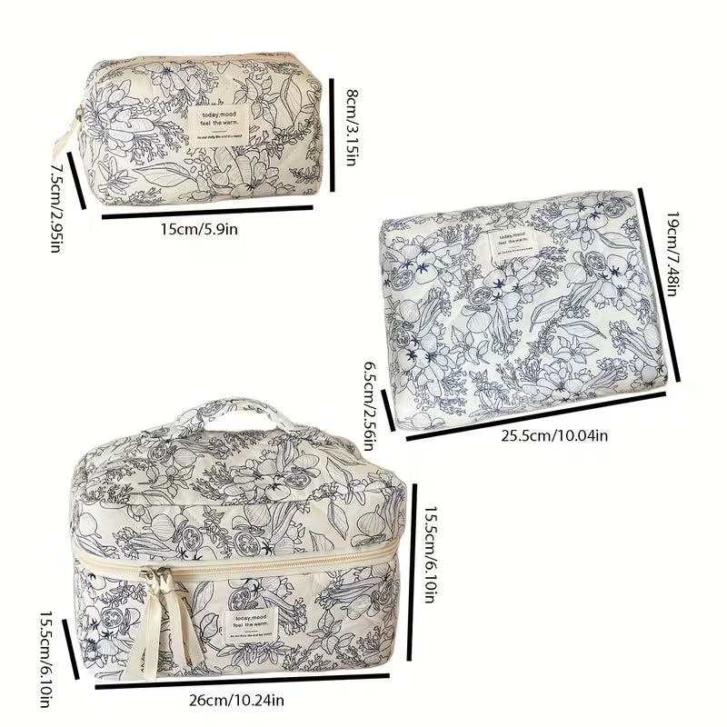 3-Piece Floral Cosmetic Bag Set | Botanical Line Art