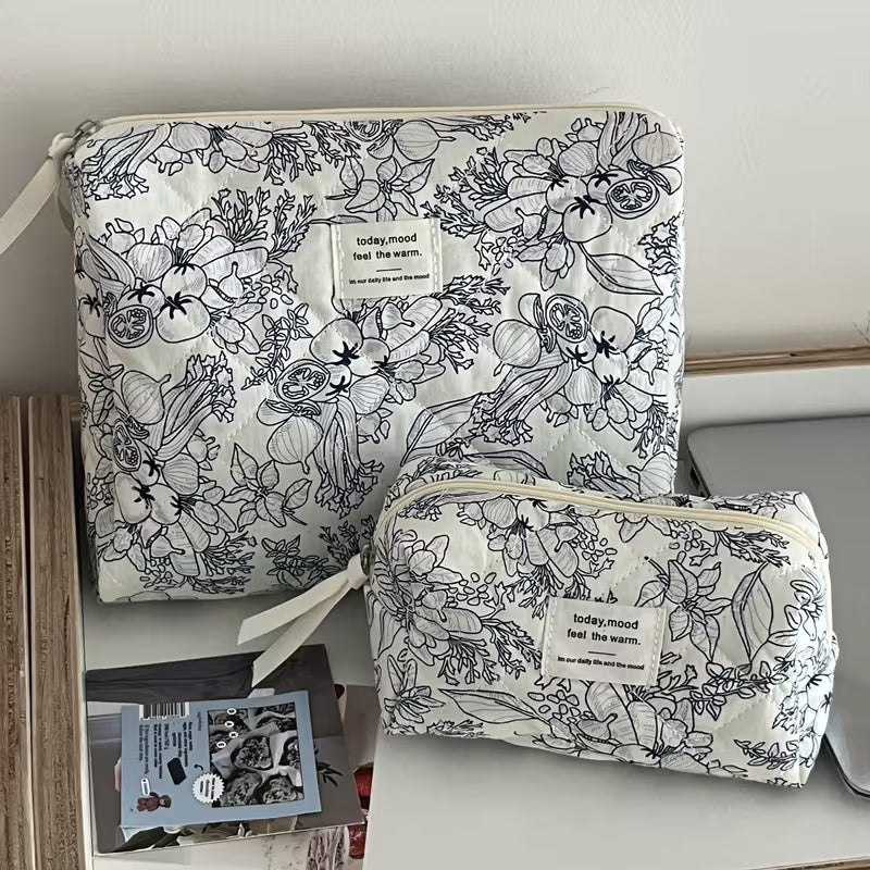 3-Piece Floral Cosmetic Bag Set | Botanical Line Art