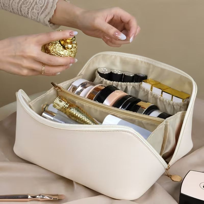 Large Open-Flat Cosmetic Bag with Dividers | Cream