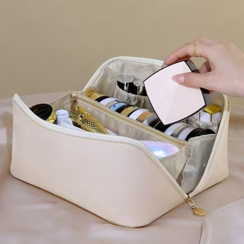 Large Open-Flat Cosmetic Bag with Dividers | Cream