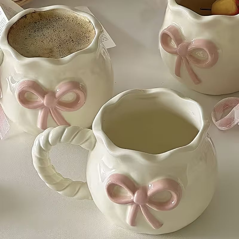 Ceramic Bow Mug | 3D Pink Bow & Ruffled Rim