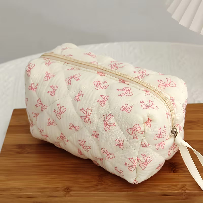 Quilted Bow Print Cosmetic Pouch | Cream & Pink