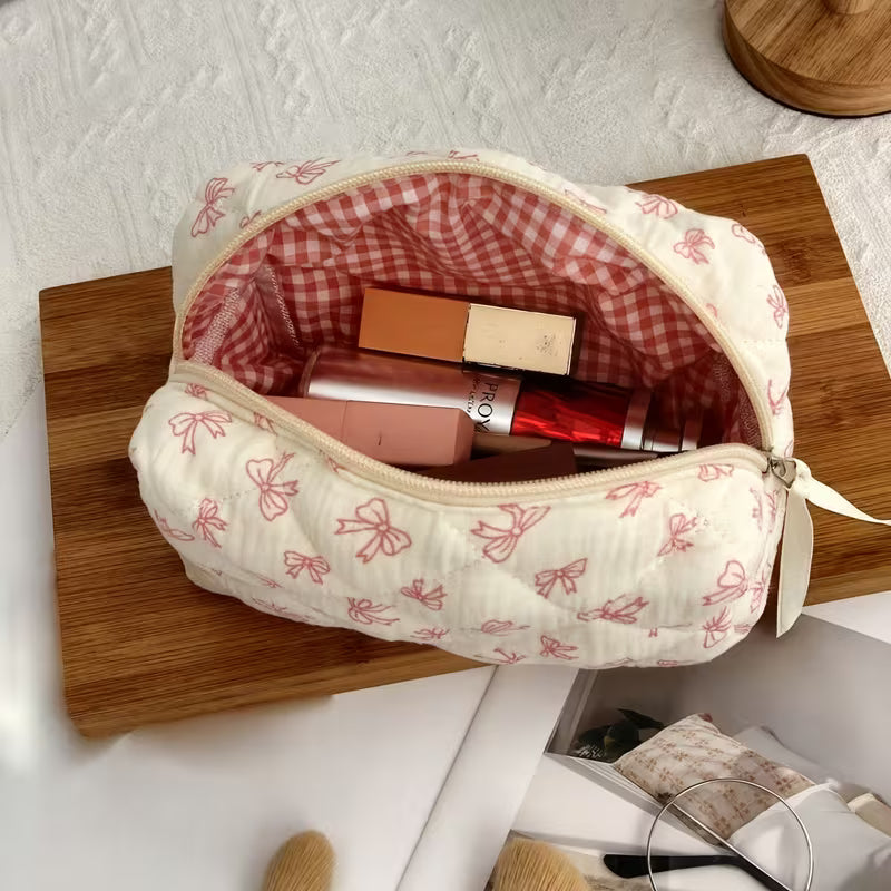 Quilted Bow Print Cosmetic Pouch | Cream & Pink