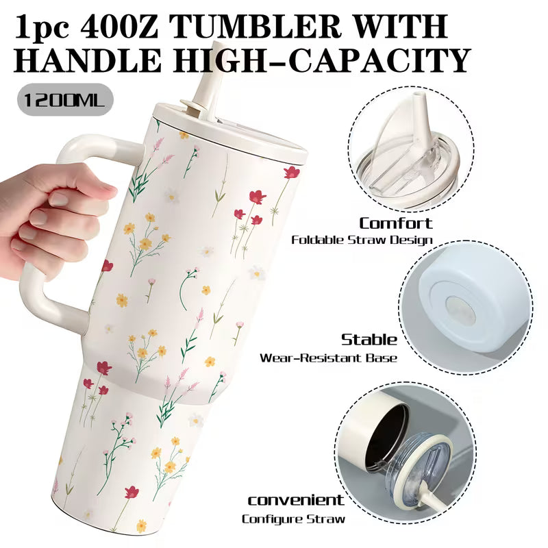 1200ml High-Capacity Tumbler with Handle & Straw | Floral